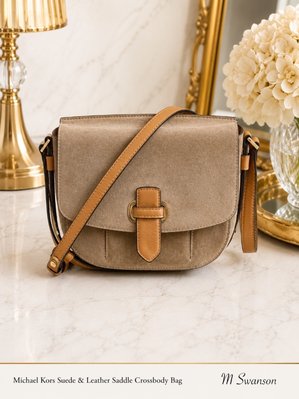 Michael Kors Romy Medium Suede Messenger Crossbody Desert Beige Brown